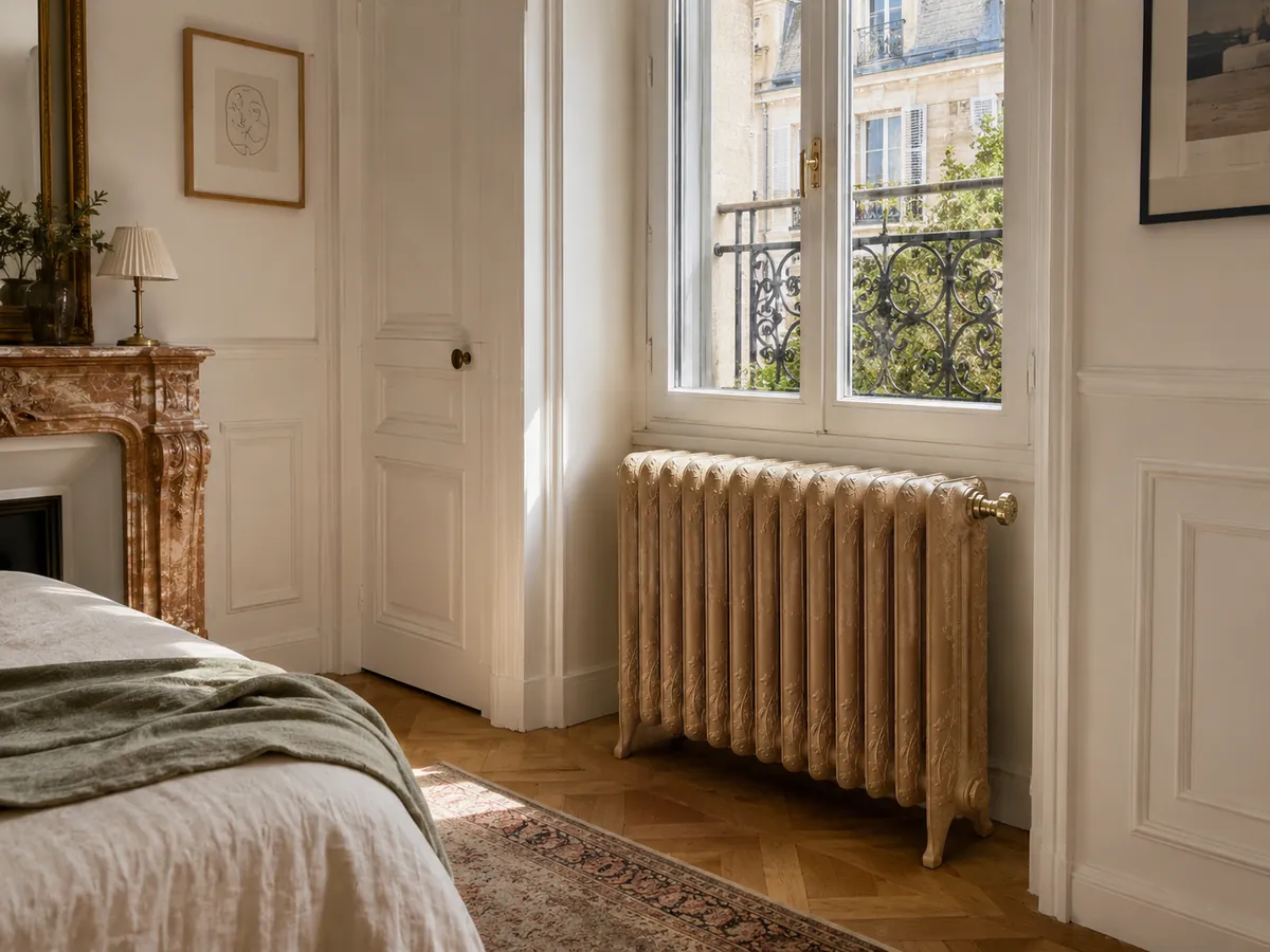 Radiateur en fonte fleuri modèle Marguerite à 2 colonnes, hauteur 81 cm, restauré par REMANENCE